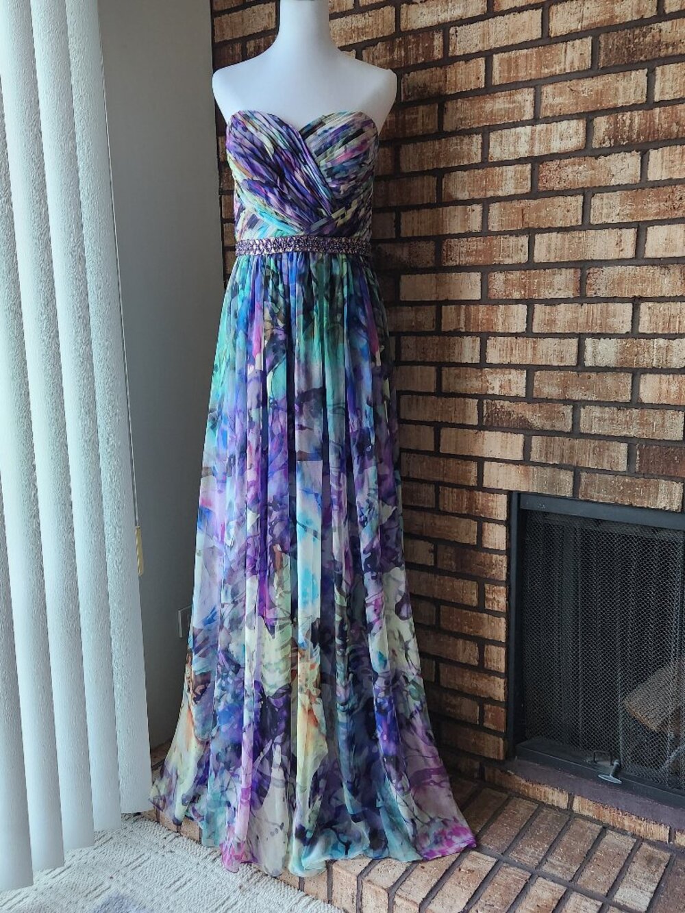 La Femme Abstract Watercolor Strapless Chiffon Maxi Dress Beaded Waist Size 12